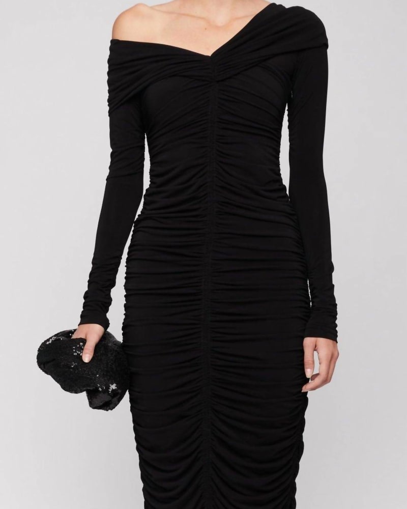 Front of a model wearing a size L Marie Dress In Black in Black by A.L.C.. | dia_product_style_image_id:342372